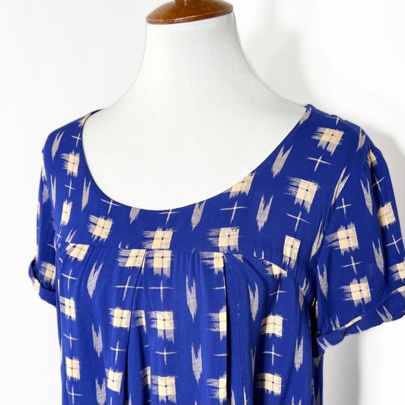 Anthropologie Cobalt Blue Check Print Short Sleeve Pocket Babydoll Top - Picture 3 of 10
